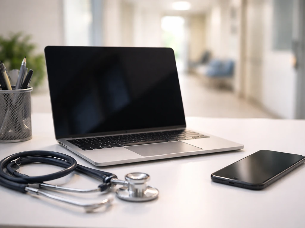 Clean desk with laptop and smartphone, stethoscope nearby, symbolizing medical income and online estimates.