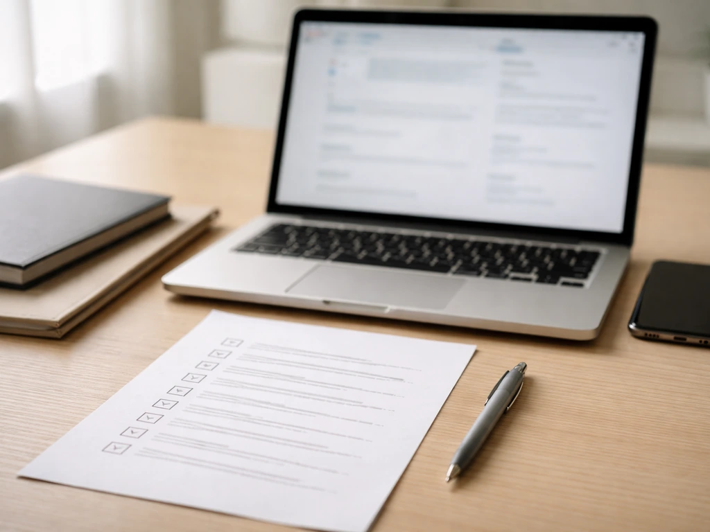 Minimal desk scene with a laptop, phone, and blank checklist for monitoring updates and filings.