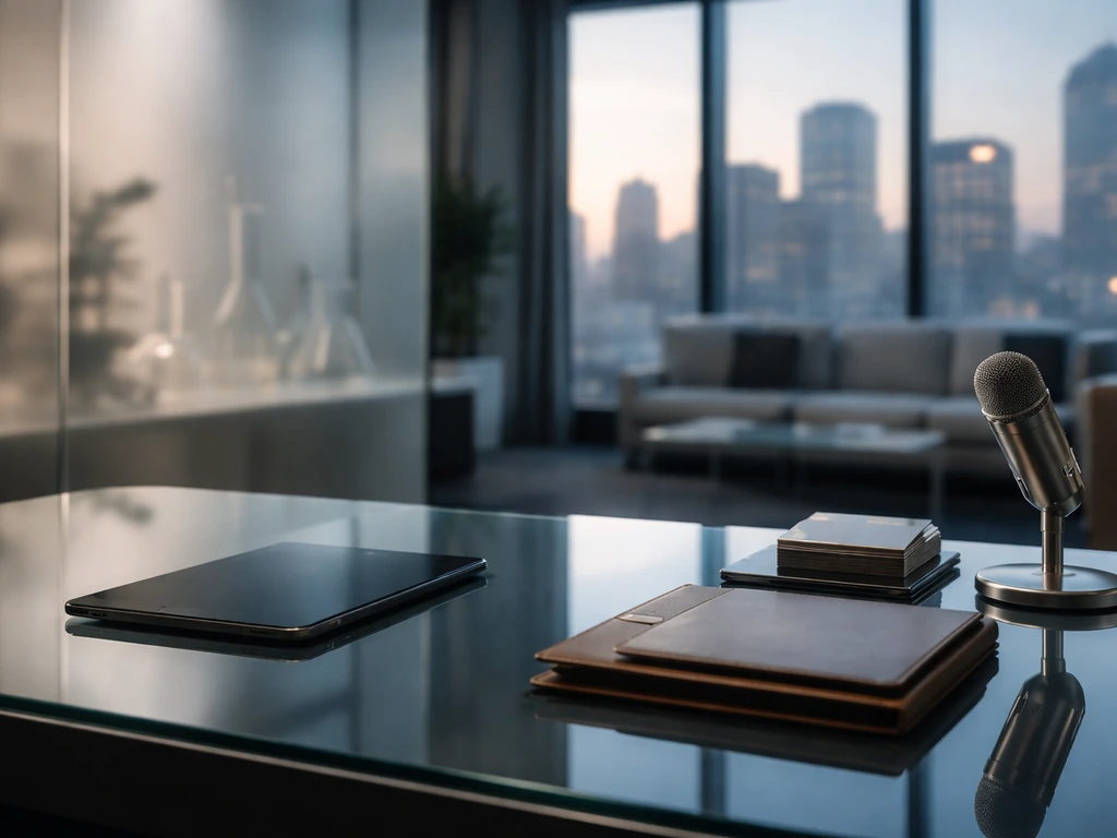 Modern biotech office desk with microphone and blurred lab glassware, symbolizing high-level CEO analysis.