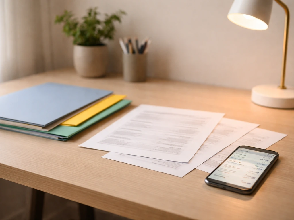 Minimal desk scene with blurred financial documents and a smartphone showing generic finance figures without any readabl