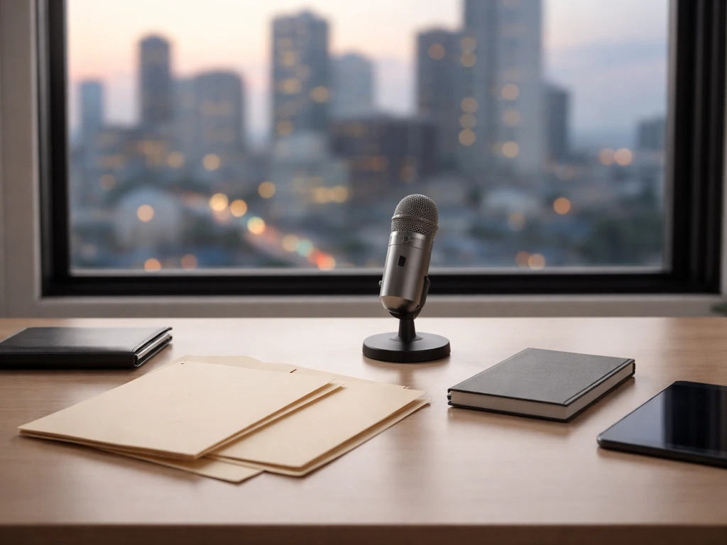 Minimal photo of a biotech startup desk setup with biotech-style folders and a city backdrop at dusk.