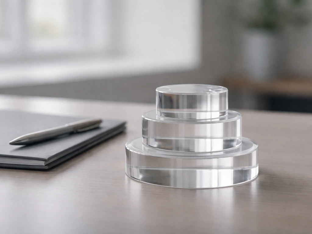 Minimal finance desk with stacked acrylic blocks symbolizing a CEO compensation breakdown