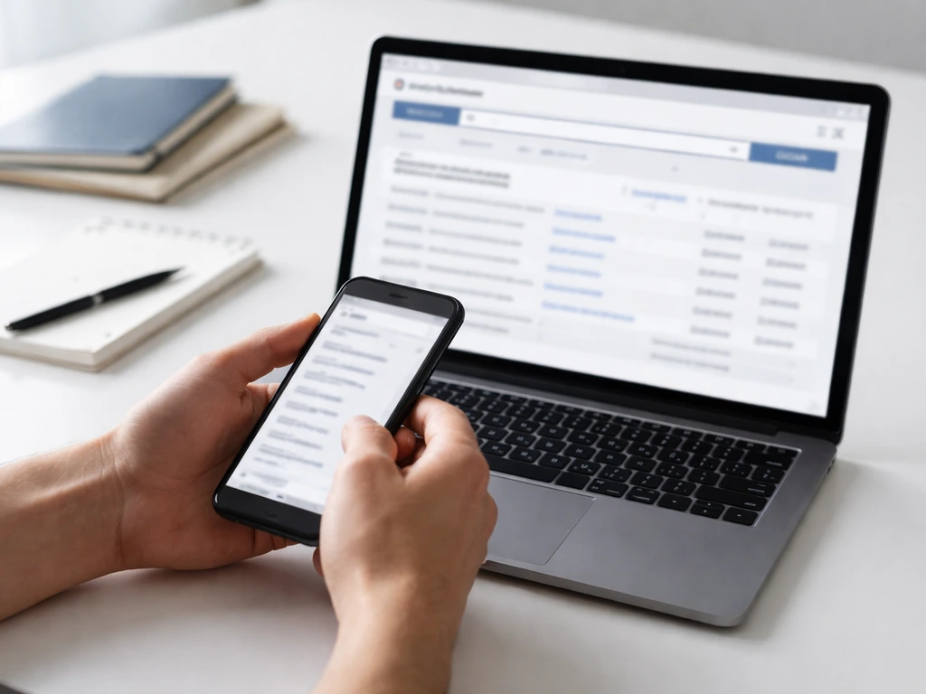 Hand holding a smartphone over an open laptop with an SEC EDGAR-style search page, finance check theme.