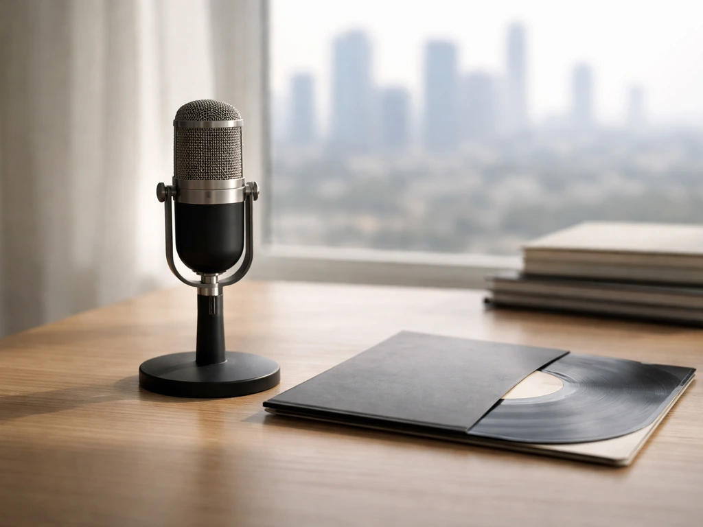 Minimal studio scene with a microphone beside a vinyl record, symbolizing music media versus finance search confusion.