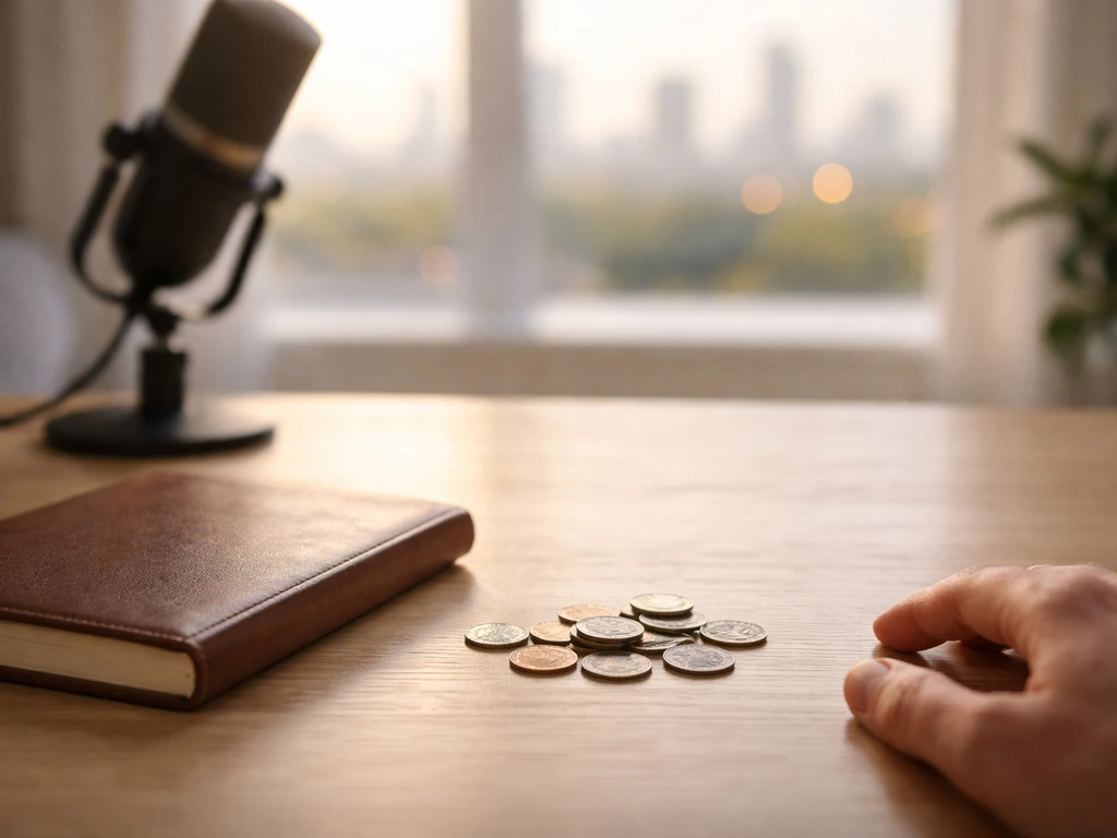 Coins on a wooden desk beside a notebook and blurred studio mic, symbolizing a money-range estimate