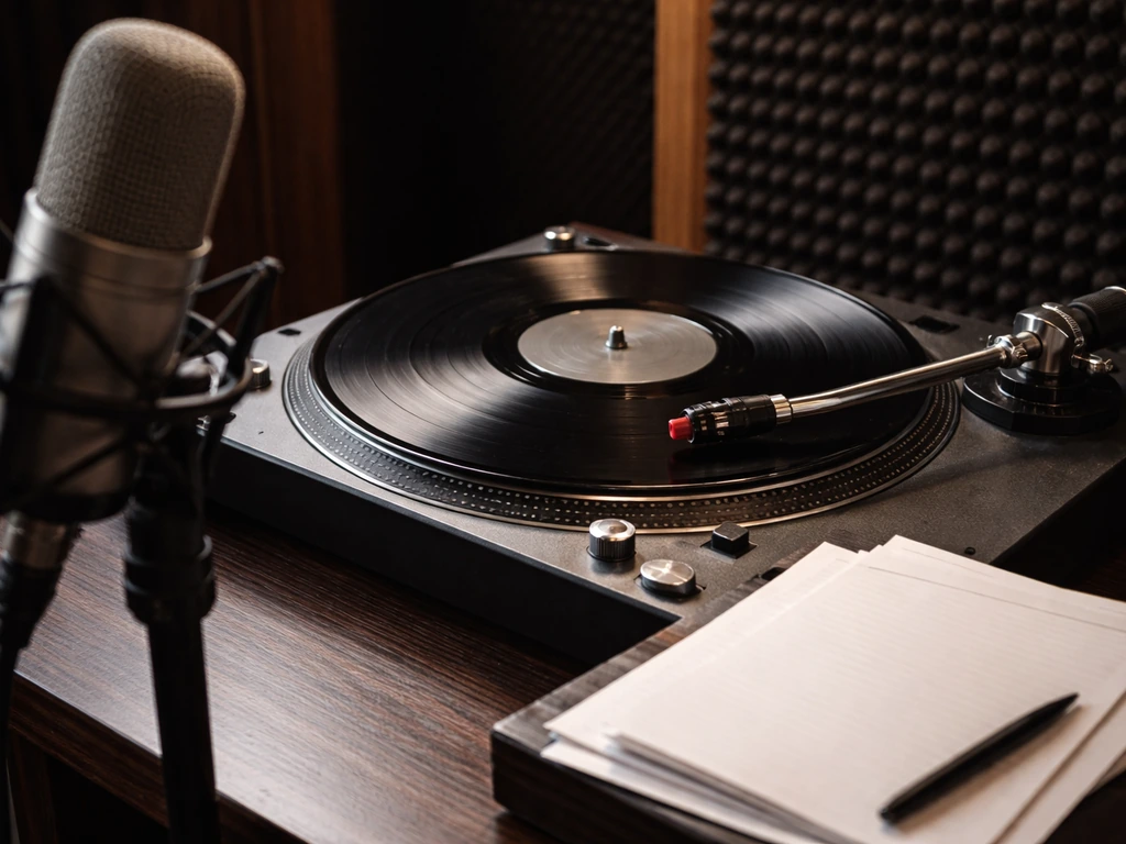 Vinyl record spinning beside a studio microphone and blank contract paper, symbolizing music royalties