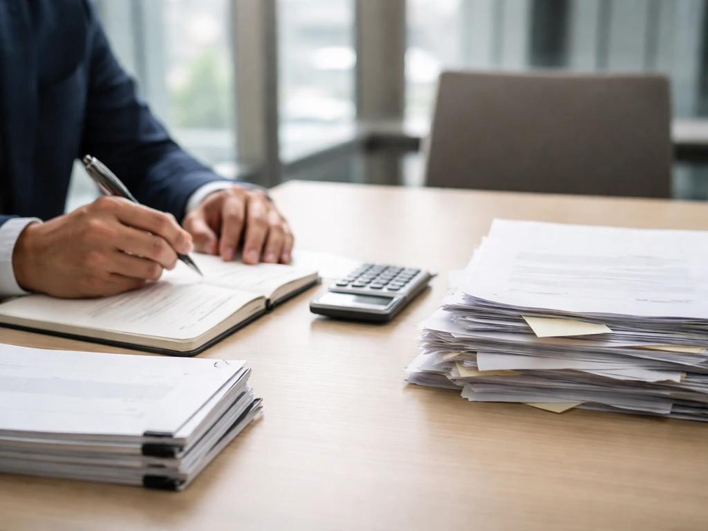 Minimal office desk scene symbolizing share-based estimates and uncertainty, with notebook, blurred finance screens, and