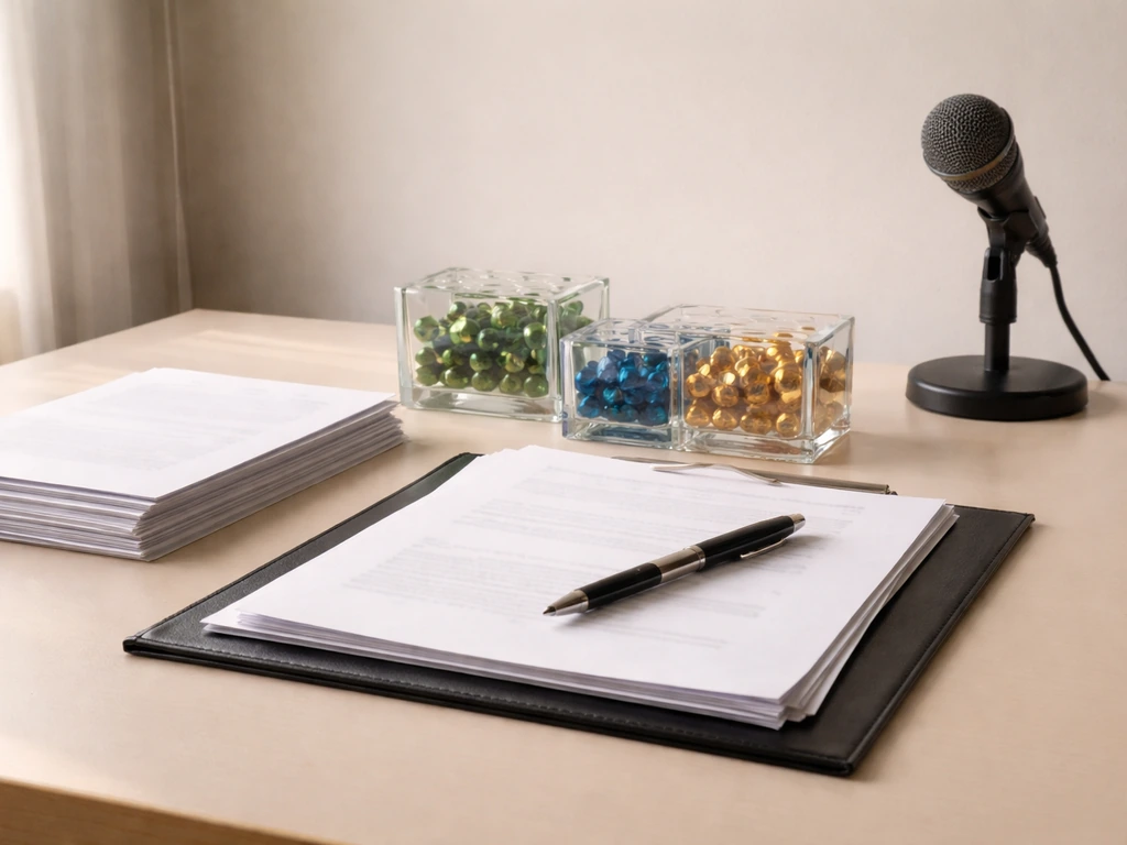 Minimal desk scene with documents, pen, and symbolic glass blocks suggesting net-worth categories.