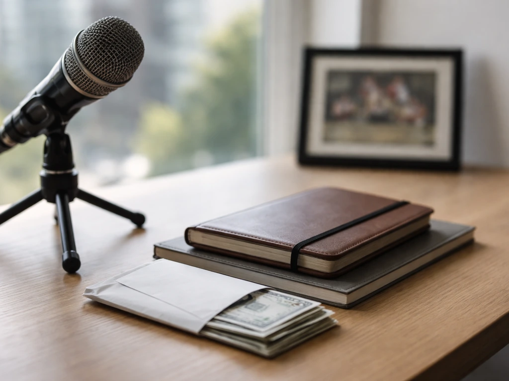 Minimal desk scene with a microphone and cash envelope, symbolic of net worth estimation.