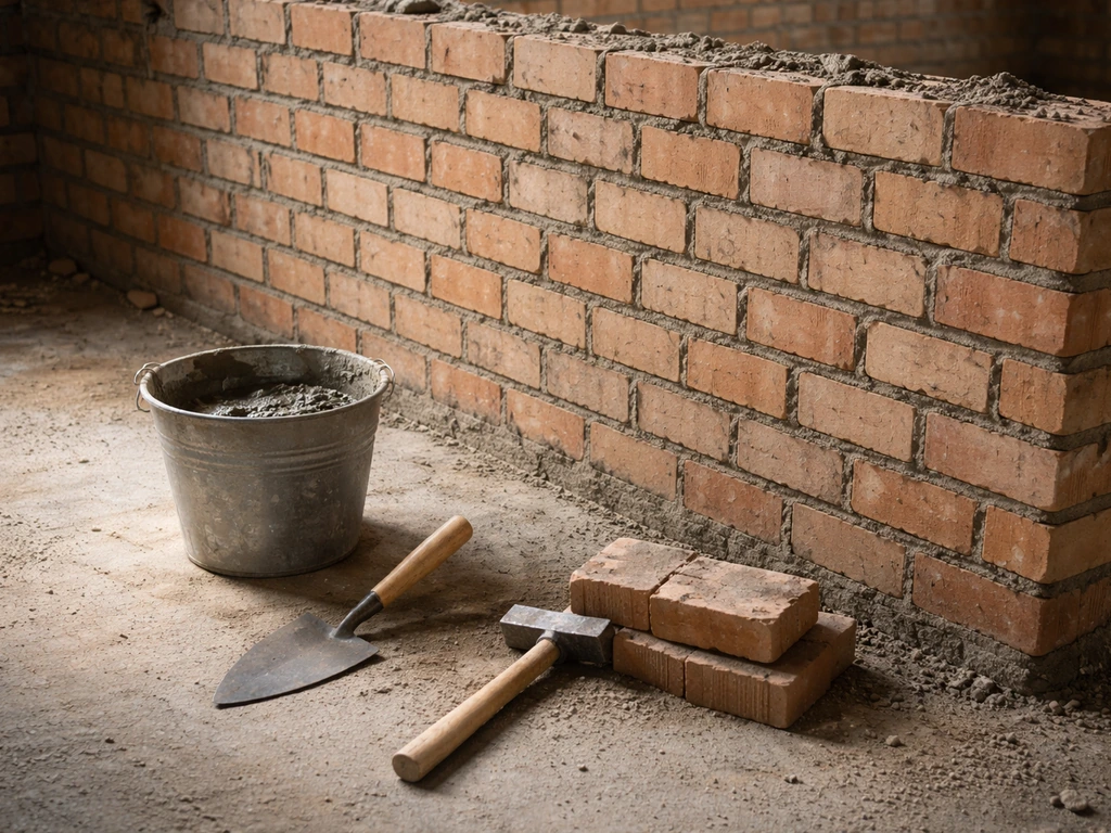Late-1960s bricklaying tools beside a partially built brick wall on a concrete worksite