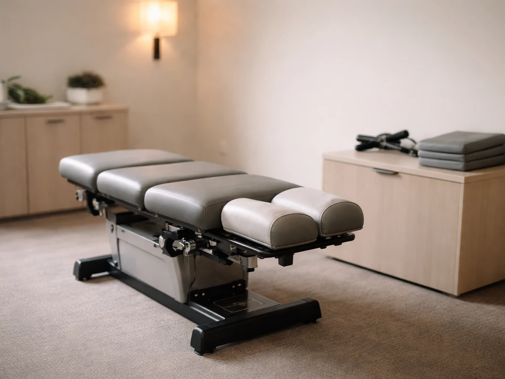 Clean chiropractic office with a padded adjustment table and tools neatly arranged.