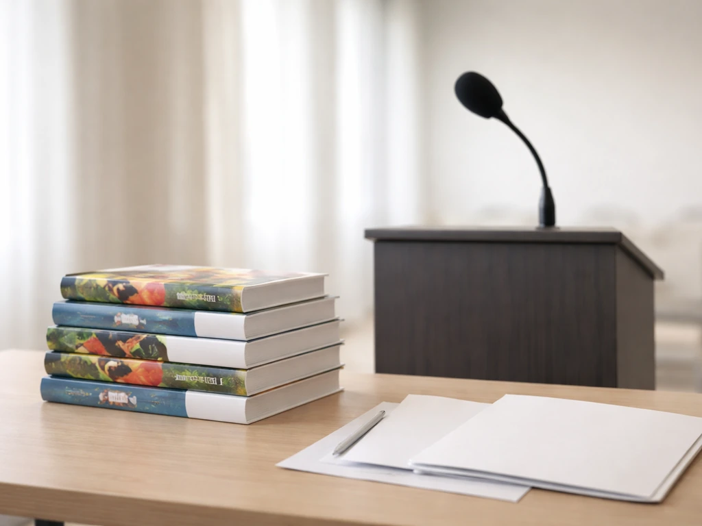 Stack of generic fitness and nutrition books next to a podium microphone at a seminar table.