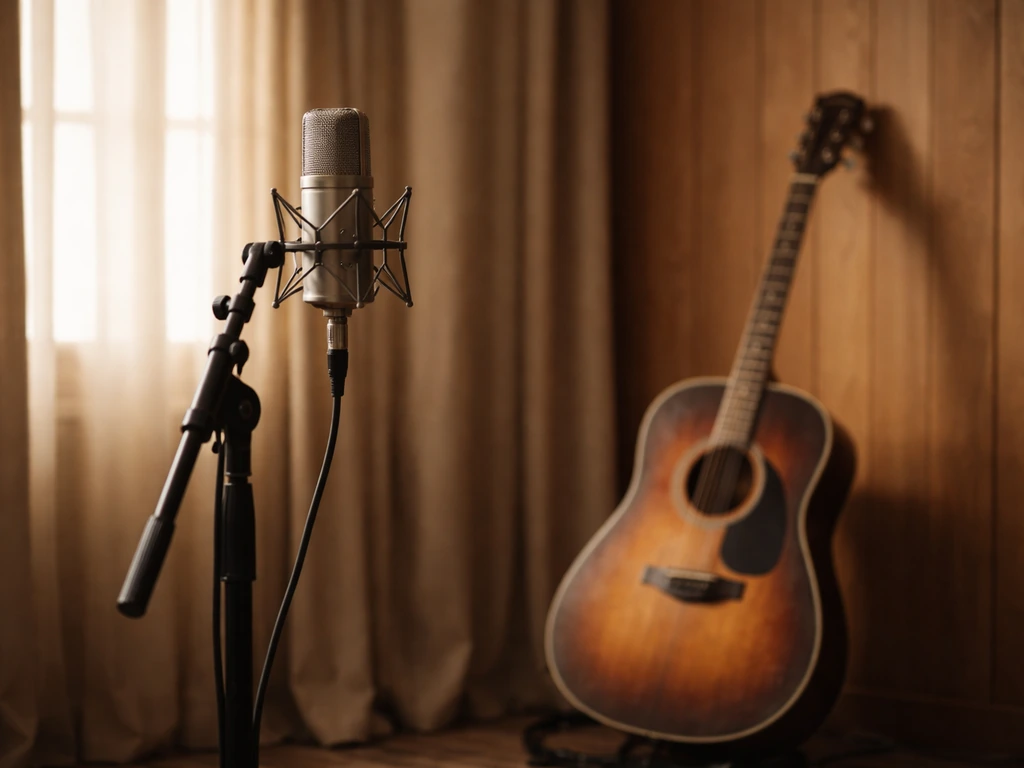 Music studio scene with a microphone and acoustic guitar in natural light, no people shown.