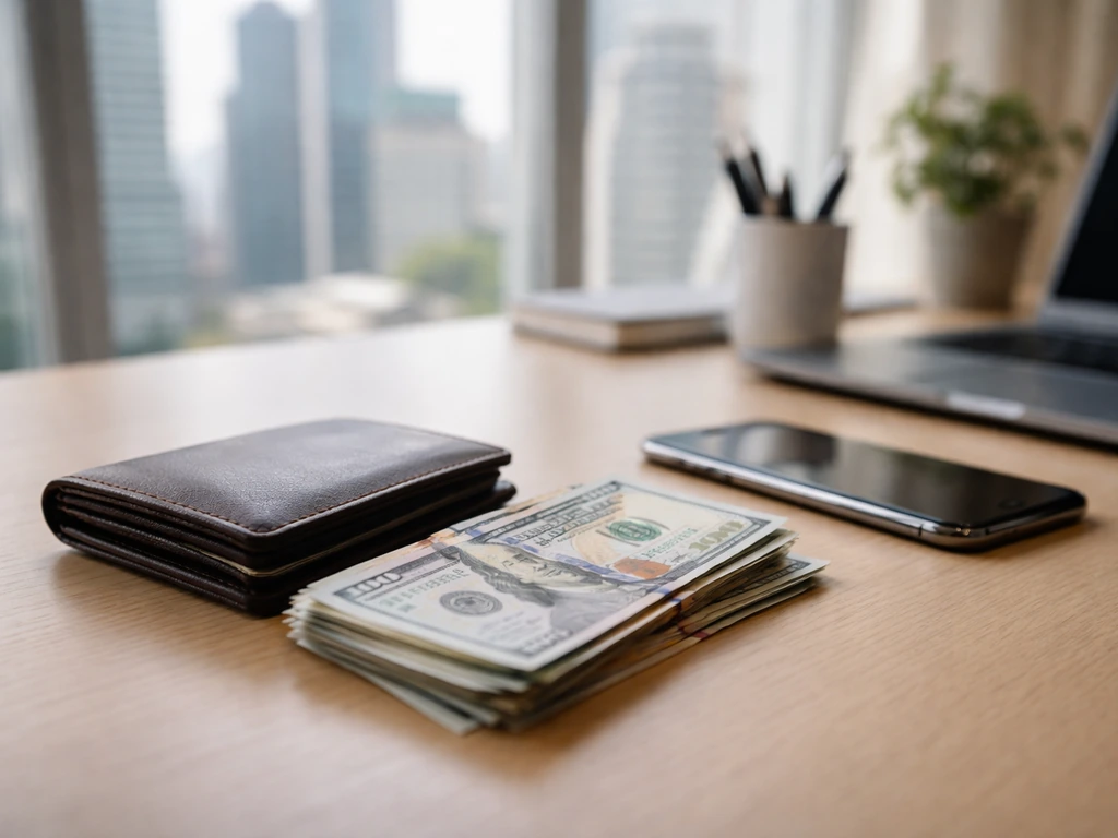 Minimal photo of a desk with a smartphone, cash, and a softly blurred city backdrop symbolizing a net-worth estimate ran
