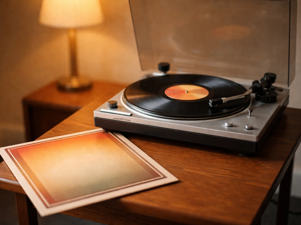 Vintage vinyl record sleeve and turntable setup in warm 1980s living-room lighting