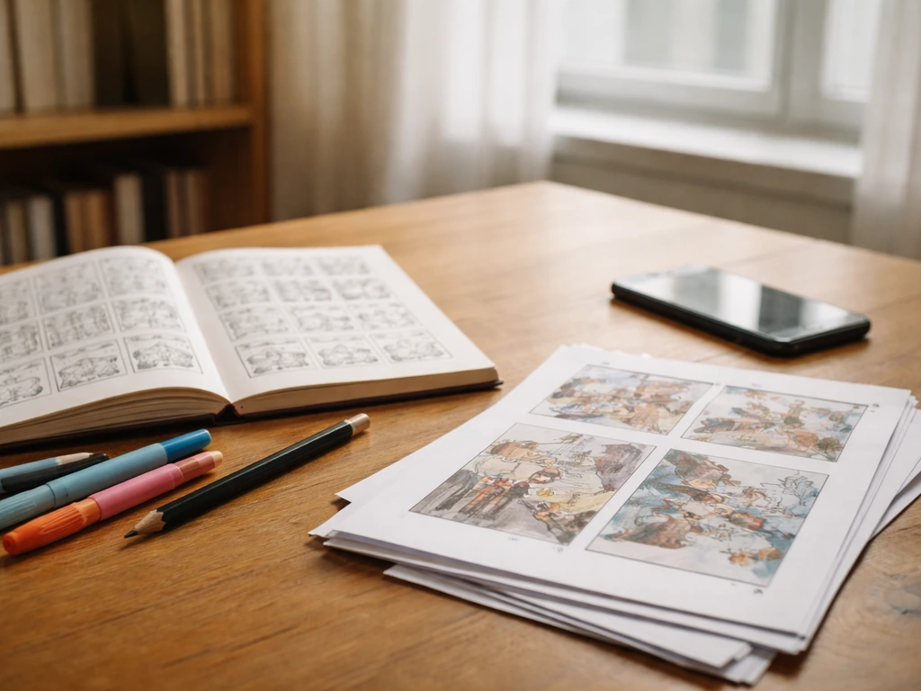 Freelance illustrator desk with sketchbook, pencils, markers, and printed illustration drafts in natural light.