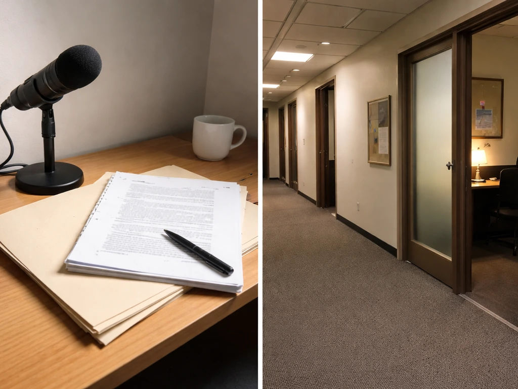 Minimal scene split between a freelance media desk setup and a quiet university office hallway.