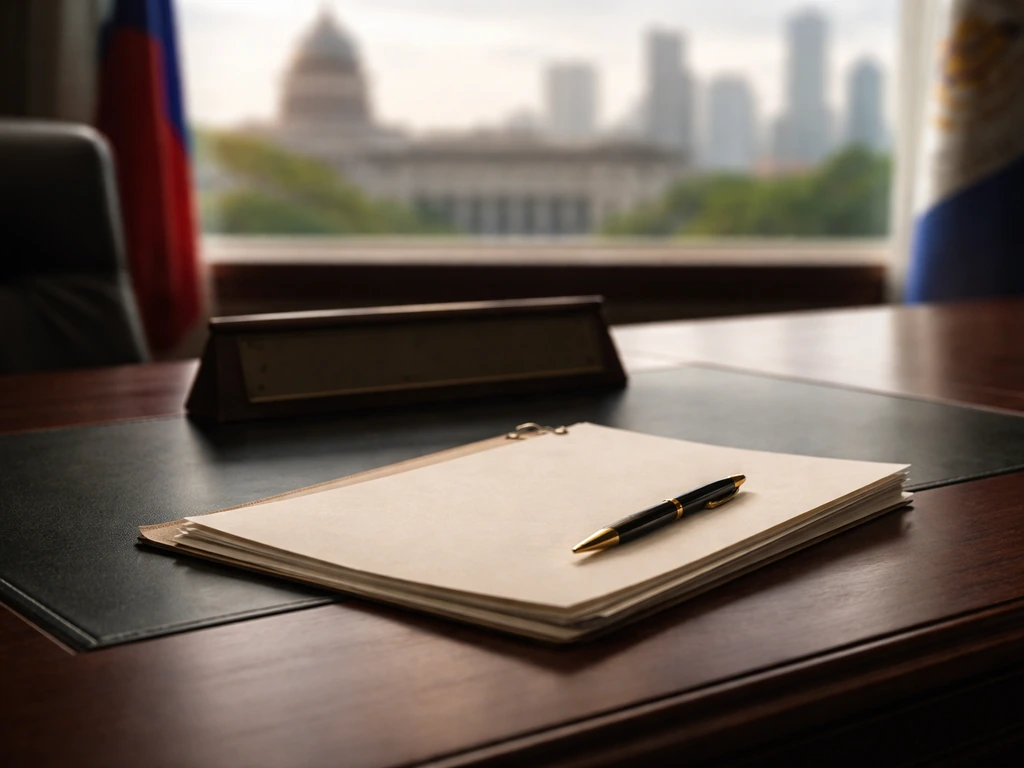 Philippine Senate-themed office desk with documents and a city skyline, symbolizing wealth analysis.