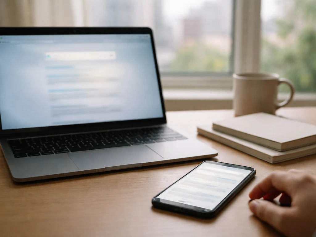 Minimal desk scene with blurred phone search results and a laptop, suggesting clarifying an identity online.