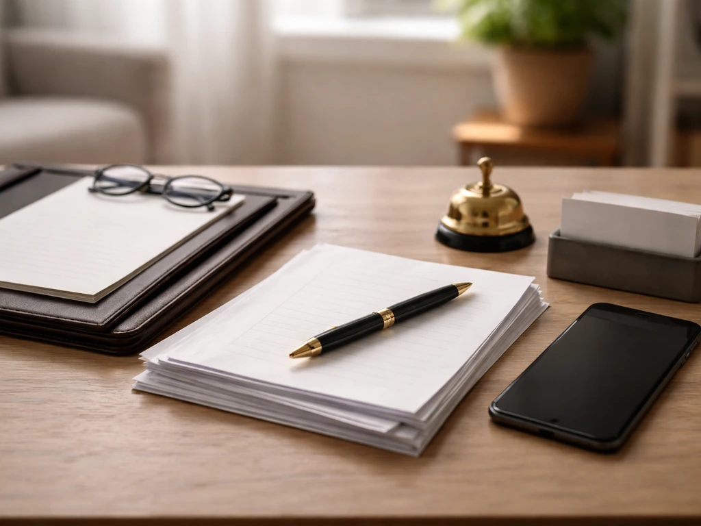 Minimal desk scene with documents, pen, and portfolio symbolizing multiple income sources without any text.
