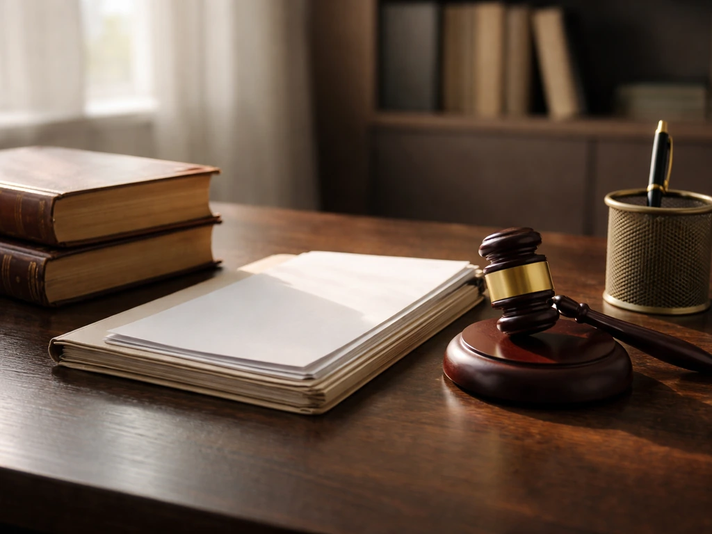 Minimal desk with law books, a courtroom gavel, and a blank document folder under natural light