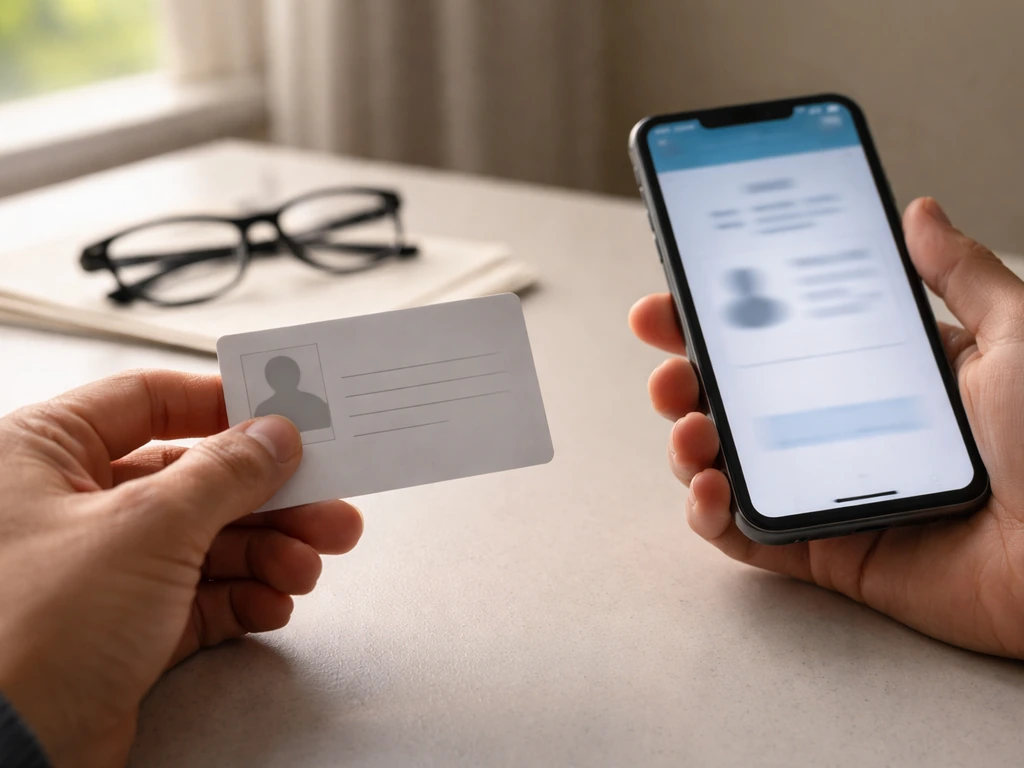 Close-up of hands comparing an ID-like document with a smartphone in a quiet office setting