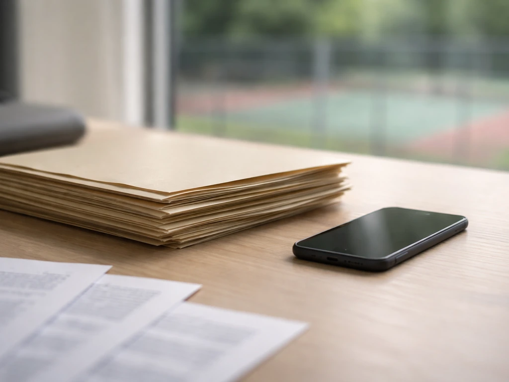 Close-up of a smartphone beside printed document folders and a blurred tennis court background, media-id context