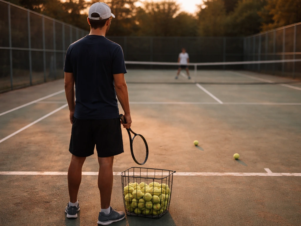 Coach on an outdoor tennis court with a ball basket, capturing player development training context.