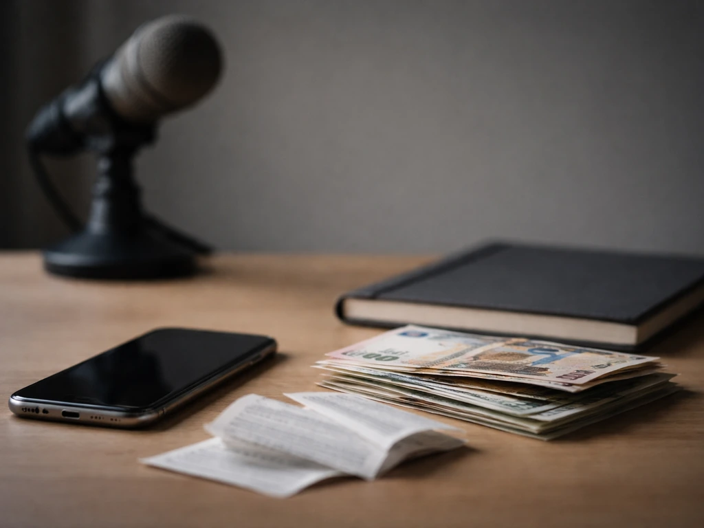 Close-up of a phone on a desk with scattered money and a blurred microphone, suggesting unreliable financial claims.