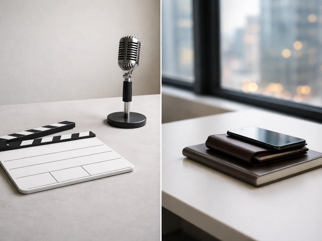 Minimal split-screen cues: actor-style cinema clapper and studio mic beside money-focused desk items