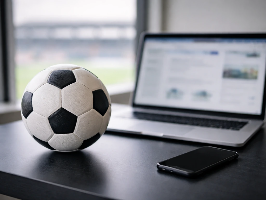 Soccer ball on a desk beside a laptop and smartphone, symbolizing net worth verification.