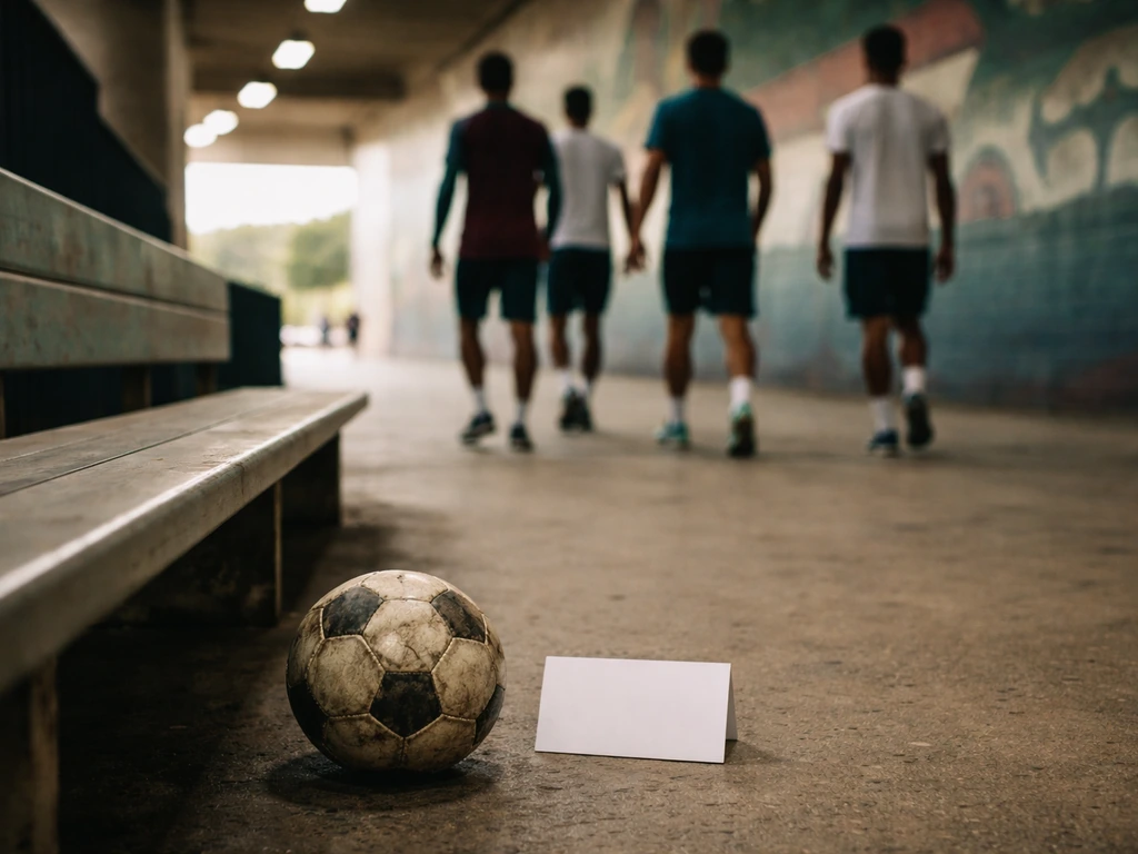 A soccer ball on the ground at a quiet stadium concourse, with an unreadable blank birthdate card nearby.