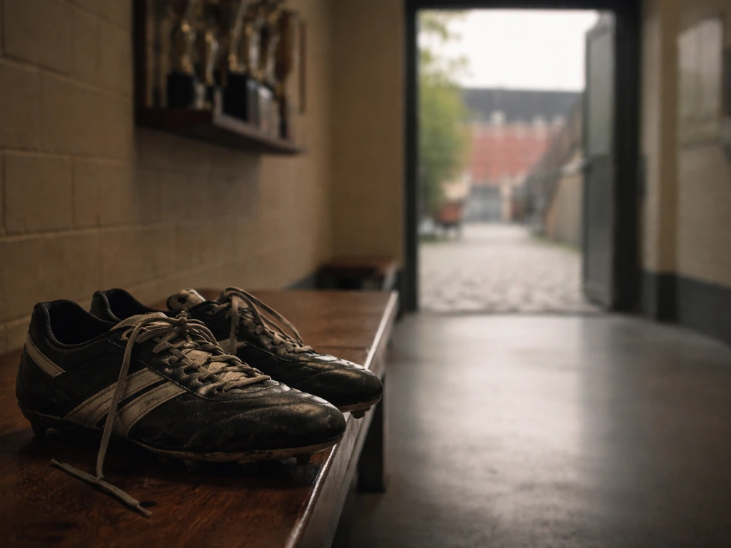 Worn soccer cleats in a university hallway with a blurred European stadium view beyond a doorway.
