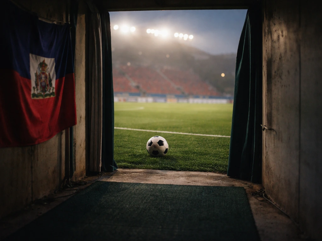 A soccer ball by a stadium tunnel with evening lights, implying Haiti matchday earnings context.