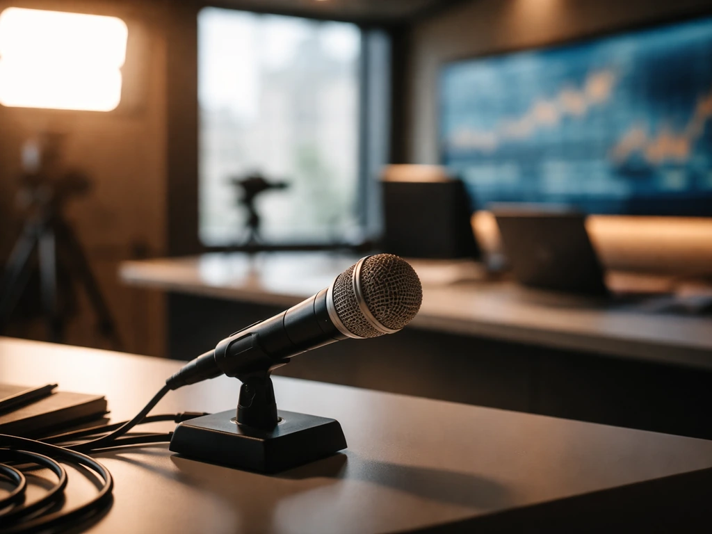 Close-up of a TV studio microphone on a desk with blurred broadcast lights in the background.