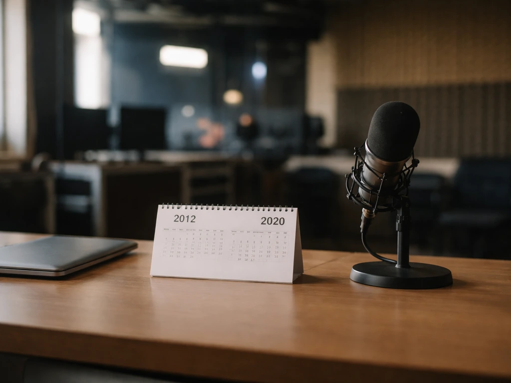 Minimal media-studio desk with a calendar showing years 2012–2020 and a laptop, symbolizing career milestones