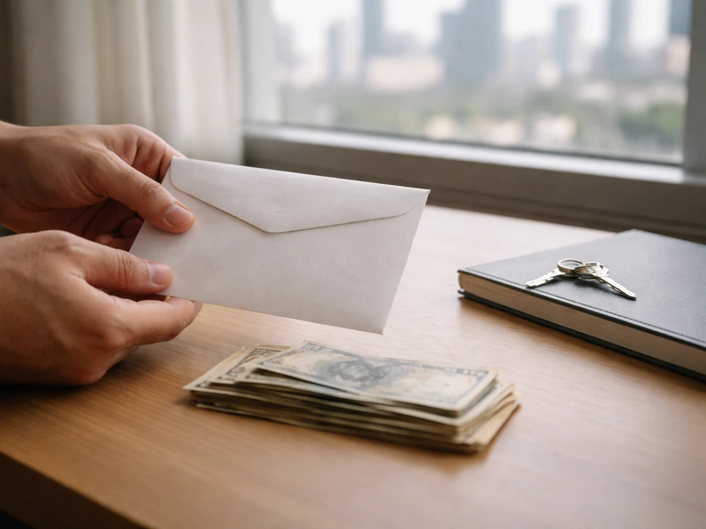 Hands place an envelope beside cash on a desk, with a blurred city view suggesting financial uncertainty.