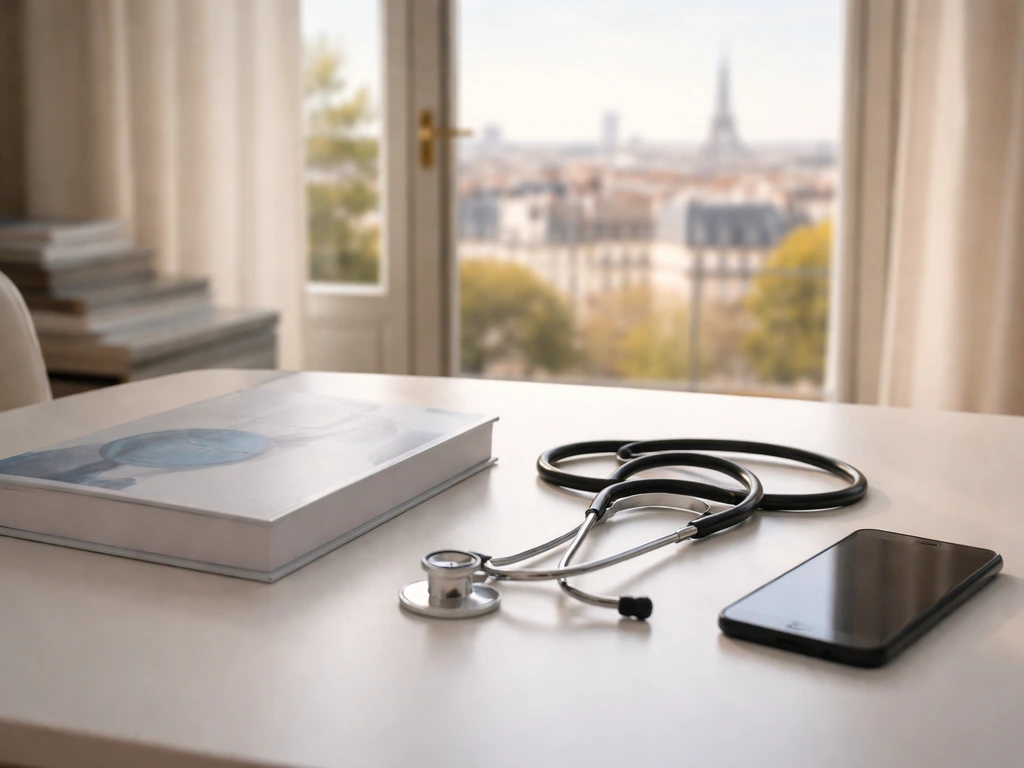Minimal office scene with a medical-themed book and soft-focus city view, symbolizing IVF and complex net-worth estimate