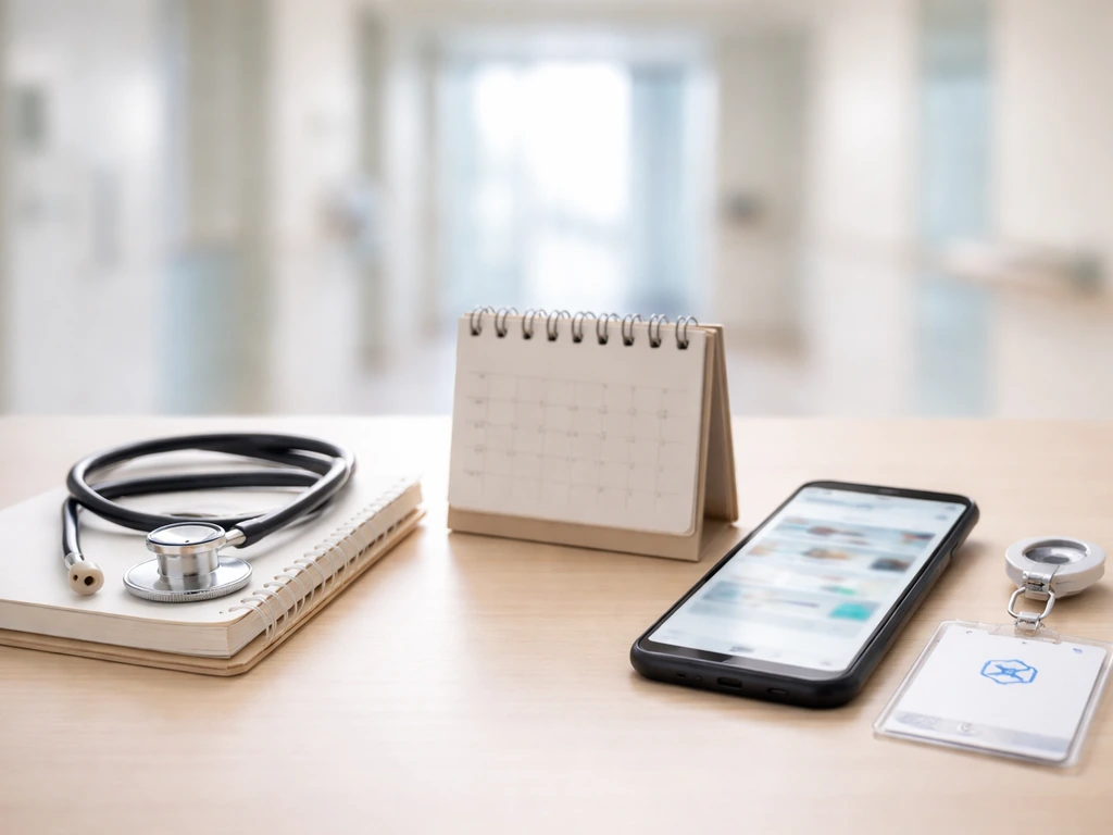 Minimal desk scene with stethoscope, flipped calendar, and blurred hospital corridor suggesting career milestones.