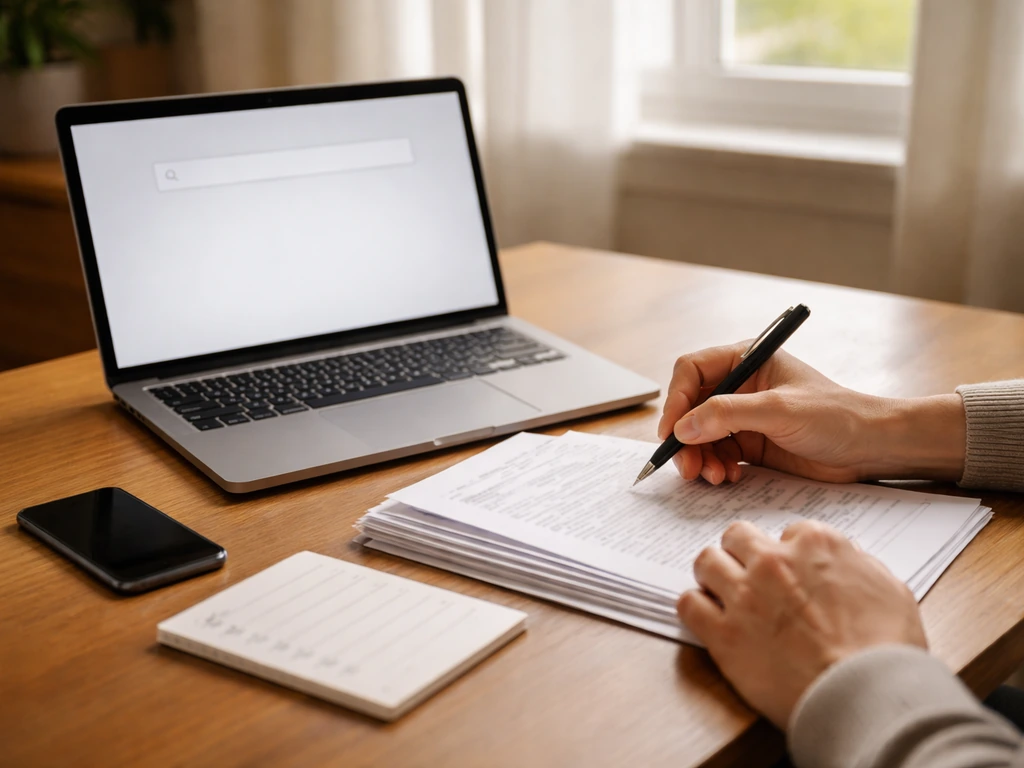 Person at a desk comparing documents and a laptop browser search, symbolic due-diligence checklist