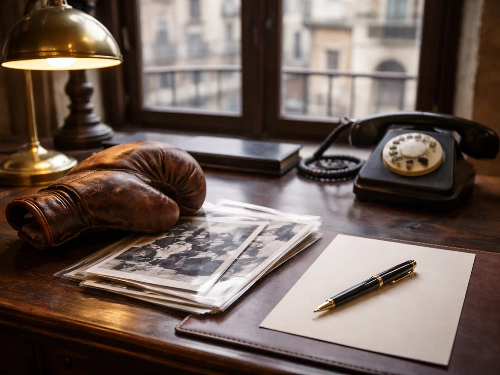 Minimal desk scene with a boxing glove, vintage phone, and archival sports photos in natural light