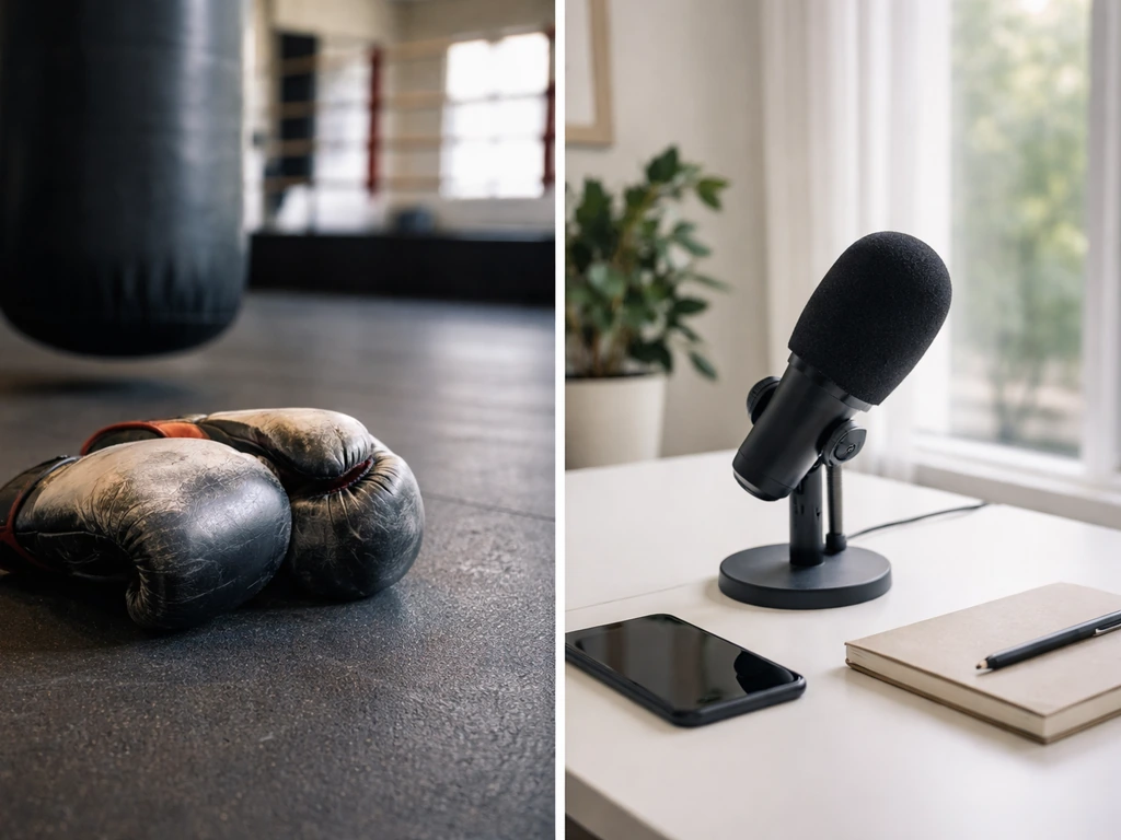 Two-photo style scene: boxing gym gloves on one side and a microphone on a business desk on the other.