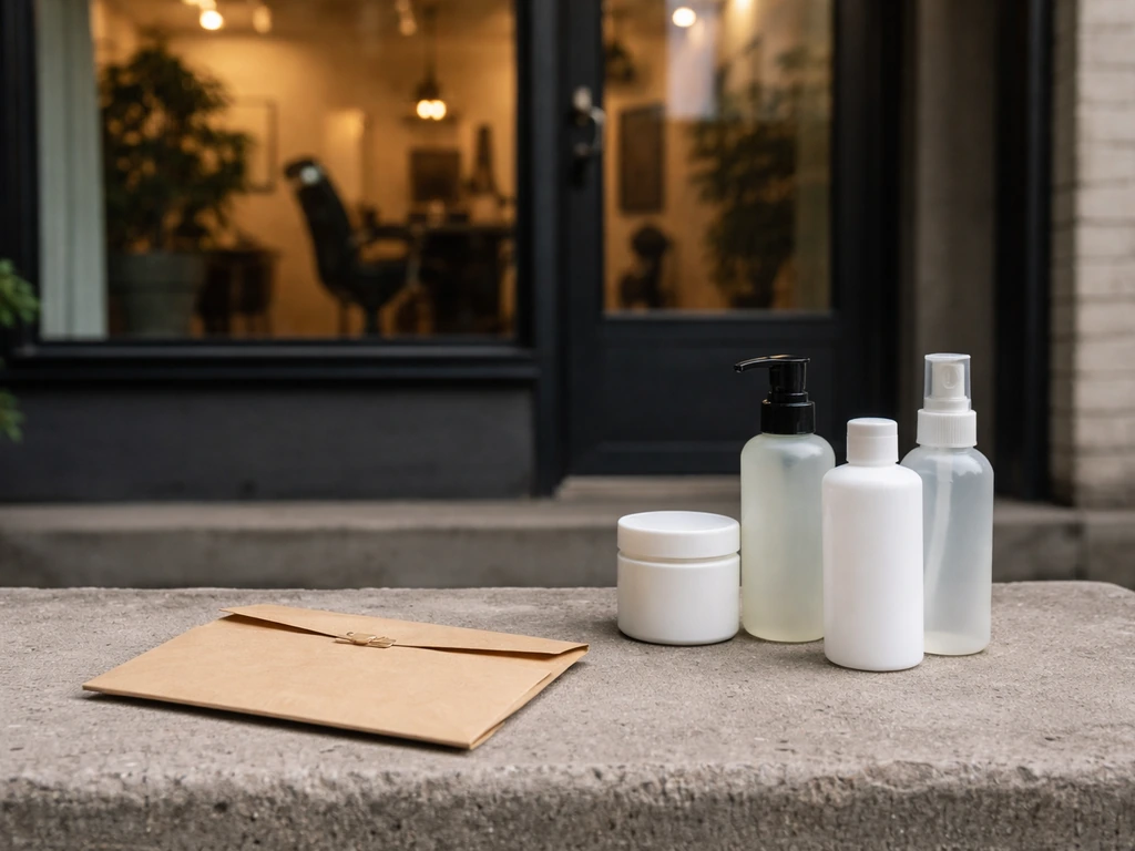 Tattoo shop storefront with a cash envelope and neatly stacked brand-like bottles to imply business equity