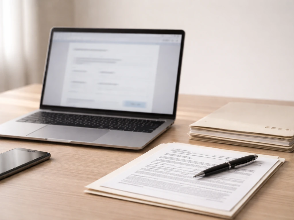 Minimal desk scene with laptop and paperwork suggesting verifying public trademark records.