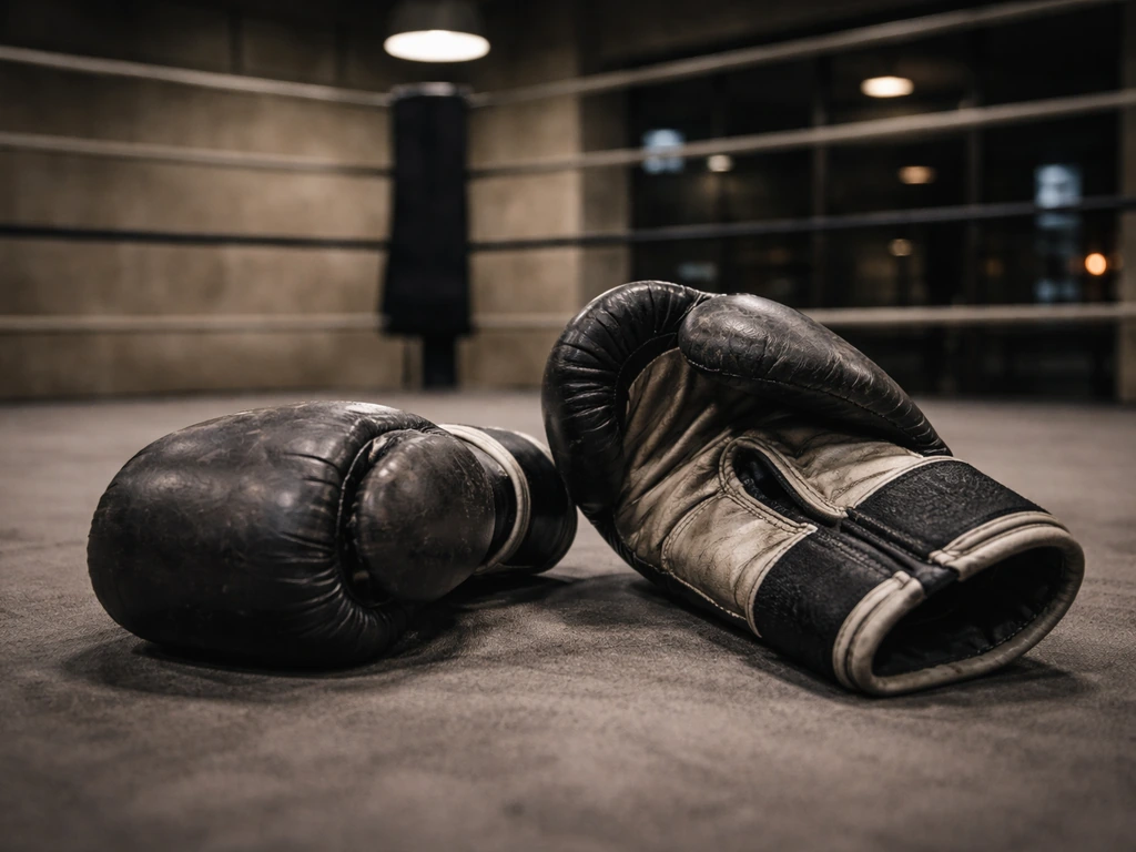 Boxing glove on a gym ring floor with blurred ropes and city lights, symbolizing a boxer’s net-worth topic.