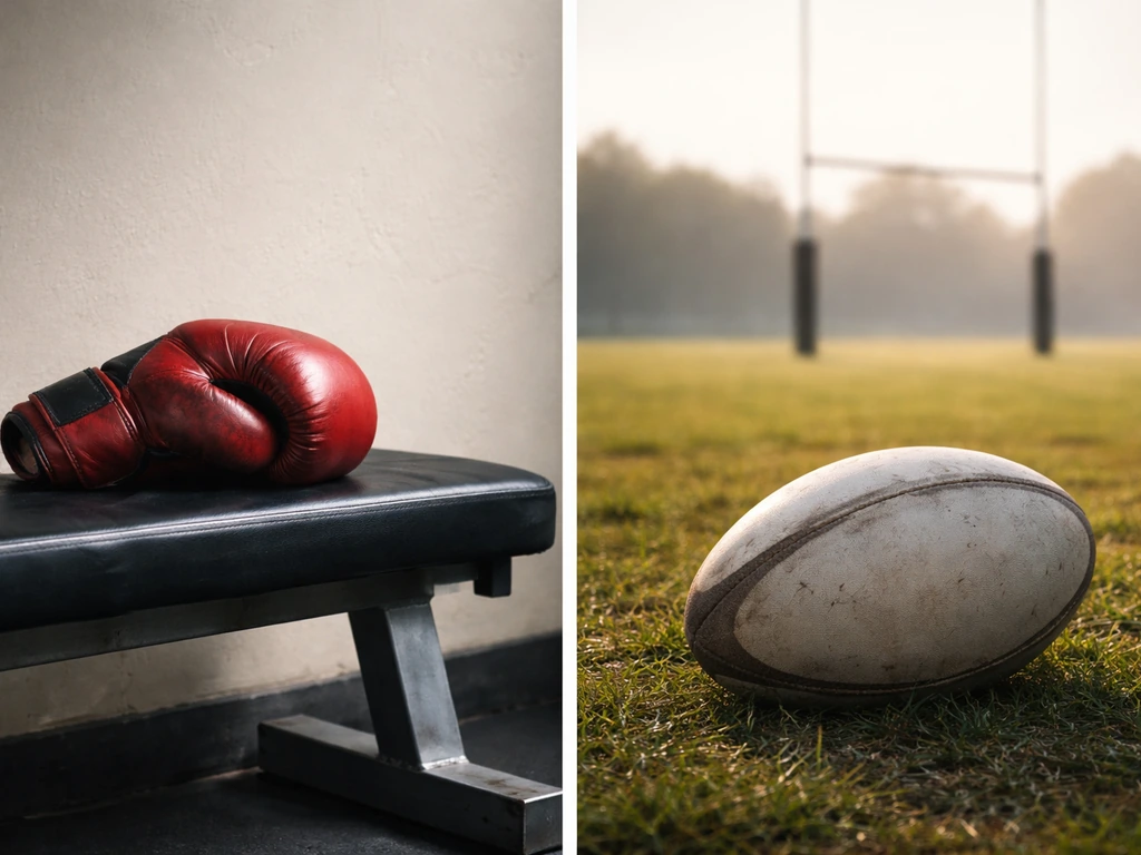 Split boxing glove vs rugby ball on simple backgrounds to distinguish two South African public figures.