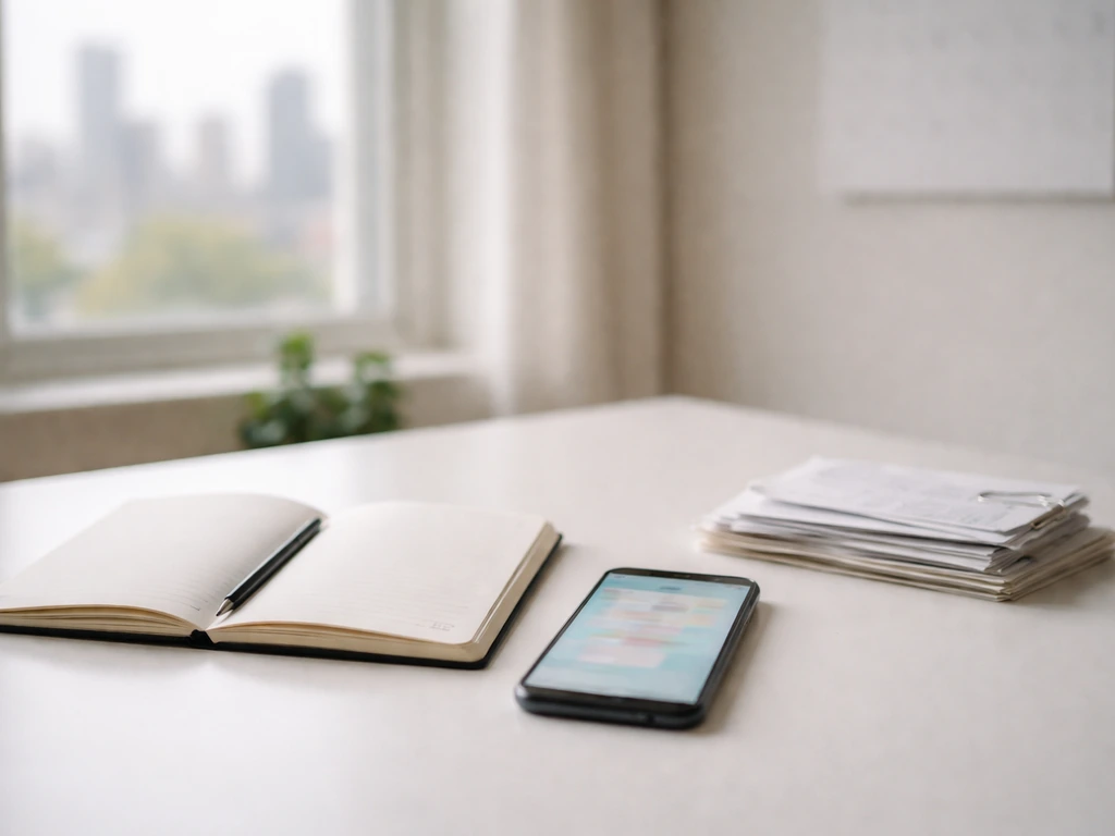 Minimal desk scene with receipts and a phone beside an open notebook in natural light.