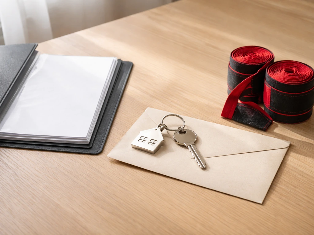 Minimal desk collage showing house keyring, blank investment documents, and boxing hand wraps.