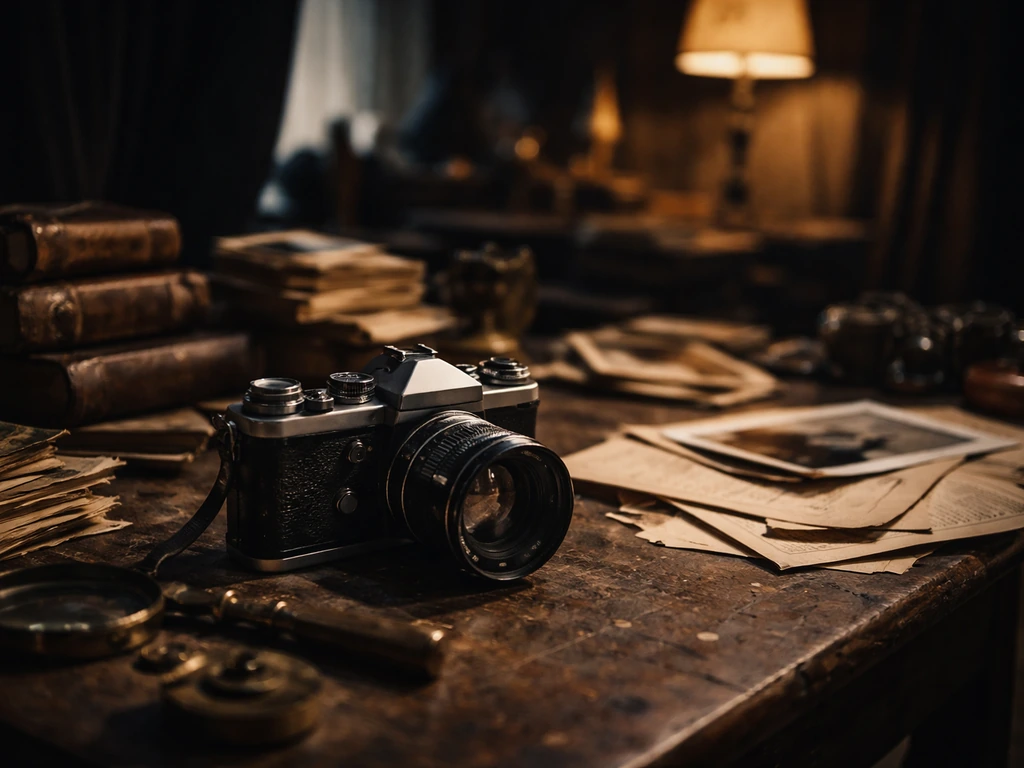 Vintage camera on a studio workbench with old books and manuscripts in soft, dramatic light.
