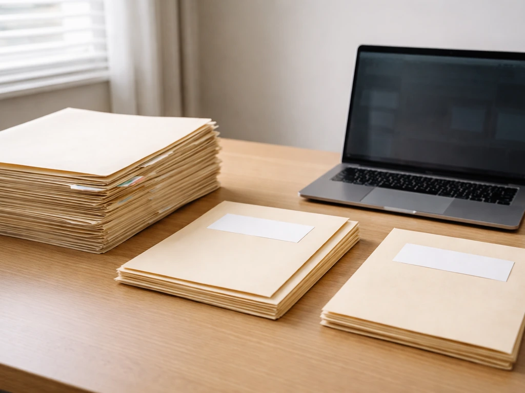 Minimal desk scene with court folders, blank real estate envelopes, and a laptop showing a non-readable interface.